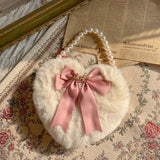 Mqtime Lolita Love Heart Shape Kawaii Plush Handbag Pearl Chain Plush Bowknot Girls Anime Cosplay Harujuku Pink White Lolitas Bags