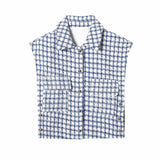 MQTIME  -  Tweed Women Two-piece Set Blue Plaid Vintage Office Lady  Vest Female Casual Slim High Waist Shorts Shorts Suit
