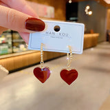 Mqtime Korean Fashion Jewelry Shining Rhinestone Hollow Heart Drop Earrings for Women Girls Vintage Red Crystal Earrings