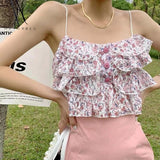 MQTIME  -   Ruffle Korean Sweet Holiday Top 2021 Summer Beach Floral Sexy Tops Women Backless Print Lace Kawaii Chiffon Blouse