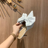 Mqtime Summer New All-match Bow Thin Heeled Sexy Fashion Outer Wear Baotou High Heel Slippers Pointed Toe