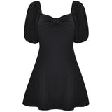 MQTIME  -  French Bow, Low-cut, Large Lantern Sleeves, Elastic Waist, A-line Dress, Little Black Dress