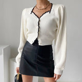 Mqtime Fashion Sexy Square Neck Patchwork White Cardigan Women Autumn Long Sleeve Slim Vintage Women Cardigan Sweater Cropped Tops