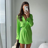 Mqtime Fashion Women Pads Pleated Mini Shirt Dress Waist Elastic Vintage Long Sleeve Buttons Office Ladies Dresses Vestidos