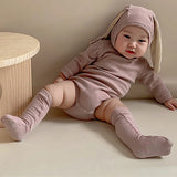 MQTIME  -  Korean Style Baby Boys Girl Solid Color Rompers Autumn Toddler Baby Girl Clothes Long sleeve Romper+Rabbit Ear Hat+Socks