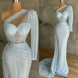 MQTIME  -  Light Blue One Shoulder Evening Dresses Sequins Long Sleeve Mermaid Prom Dress Custom Made Women Formal Robes De Soirée