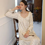 Mqtime Spring Full Sleeves Printed Nightgowns Princess Vintage Long Mid-Calf Home Dress Girls Sweet Floral Nightie Bow Sleepwear