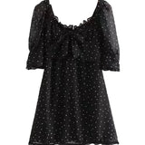 MQTIME  -  French Minority Retro Sexy Square Neck Bubble Sleeve Mesh Short Sleeve Polka Dot Dress Skirt