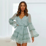 Mqtime Fashion Ruffled Floral Print Dresses For Women  Lace Up V Neck Flare Sleeve Mini Dress Sweet Chiffon Boho Party Dress