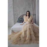 MQTIME -  Fluffy Tulle Maternity Dresses Champagne Ruffles Tulle Ladies Lush Photo Shoot Elegant Pregnancy Dresses With Lining