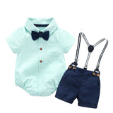 MQTIME  -  Boy Formal Dress Cotton Striped Romper + Bow + Navy Shorts + Suspenders Sets Boy Dress Clothes for Wedding Clothes 0 3 Months