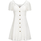 MQTIME  -  French Minority Retro Bubble Sleeve Short Skirt Button White Lace Short Sleeve Dress