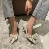 Mqtime New Fashion Pointed-Toe Bowknot Wedding Shoes Fairy Style Pearl Stiletto High Heel Shoes Bridesmaid Shoes