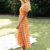 Mqtime  Elegant Boho Plaid Ruffle Summer Dress Short Sleeve High Waist Woman Dress Square Neck Backless Lace Up Ladies Party Dress