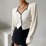 Mqtime Fashion Sexy Square Neck Patchwork White Cardigan Women Autumn Long Sleeve Slim Vintage Women Cardigan Sweater Cropped Tops
