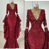 MQTIME  -  Full Lace Appliques Prom Dress  Fashion Long Sleeves V Neck Mermaid Evening Gowns vestido de novia