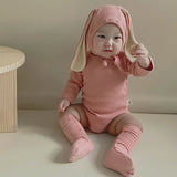 MQTIME  -  Korean Style Baby Boys Girl Solid Color Rompers Autumn Toddler Baby Girl Clothes Long sleeve Romper+Rabbit Ear Hat+Socks