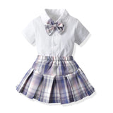 MQTIME  -  Kids Girls Clothing Sets Summer New Style Children Casual Short Sleeve Bowtie Shirt Tops+Plaid Tutu Dress 2Pcs Cloth