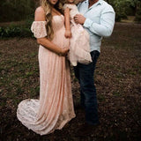 MQTIME  -  Pregnant Women Off Shoulder Ruffle Sleeve Lace Maternity Gown Maxi Photography Dress Elegant Pregnancy Dresses for Photo Shoot
