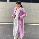 MQTIME  -  Winter  Fashion Designer Overcoat Women's Slim Fitting Double Breasted Pink Houndstooth Tweed Wool Long Coat