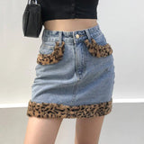 Mqtime  Mini Jean Skirt Women Leopard Stitching Y2k Skirt  Fall Fashion High Waist Pockets Streetwear Sexy Skirts for Women