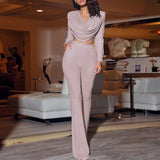 Mqtime Glitter Draping Long Sleeve Top and Pants Two Piece Set  New Arrival Green 2 PIece Set  Women Autumn Sexy Club Party Outfits