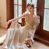 MQTIME  -  Elegant Champagne Square Neck Fairy Prom Dresses Women Long A-line Formal Evening Gowns