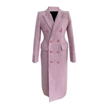 MQTIME  -  Winter  Fashion Designer Overcoat Women's Slim Fitting Double Breasted Pink Houndstooth Tweed Wool Long Coat