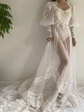  MQTIME  -  White Lace Wedding Sleepwear Custom Made Pajamas Women's Bath Gown Bathrobe Long Sleeves Ruched Tulle Bridal Robe Nightgown
