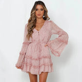 Mqtime Fashion Ruffled Floral Print Dresses For Women  Lace Up V Neck Flare Sleeve Mini Dress Sweet Chiffon Boho Party Dress