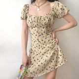 MQTIME  -  French Drawstring Bandage Chiffon Tulip Print Bubble Sleeve Waist Down Dress