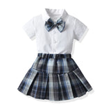 MQTIME  -  Kids Girls Clothing Sets Summer New Style Children Casual Short Sleeve Bowtie Shirt Tops+Plaid Tutu Dress 2Pcs Cloth