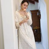 Mqtime Spring Full Sleeves Printed Nightgowns Princess Vintage Long Mid-Calf Home Dress Girls Sweet Floral Nightie Bow Sleepwear