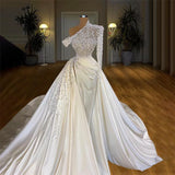 MQTIME  -  More Pearls Mermaid Wedding Dress One Shoulder With Detachable Train Bridal Gown Custom Made Sweep Train Robes De Mariée