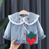 MQTIME  -  Cute Baby Girls Denim Jacket New Kids Spring Autumn Lace Collar Princess Jacket Coat With Strawberry Bag Children Outerwear