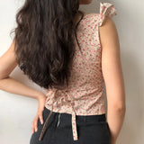 MQTIME  -  Flower Buckle Cute Floral Lace Square Neck Flying Sleeve Ruffle Vest Suspender Top