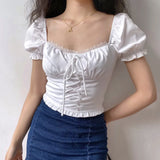 MQTIME  -  Alice Style Lace Bandage Slim Fold Bubble Sleeve Short Sleeve Shirt Top