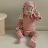 MQTIME  -  Korean Style Baby Boys Girl Solid Color Rompers Autumn Toddler Baby Girl Clothes Long sleeve Romper+Rabbit Ear Hat+Socks