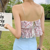 MQTIME  -   Ruffle Korean Sweet Holiday Top 2021 Summer Beach Floral Sexy Tops Women Backless Print Lace Kawaii Chiffon Blouse