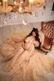 MQTIME  -  Chic Pregnancy Photoshoot Women Dress Fluffy Tulle Maternity Gown 2024 Beige Long Train Maternity Dresses Babyshower Robe Custom