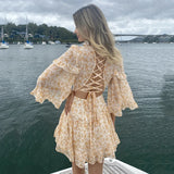 Mqtime V Neck Floral Print Backless  Chiffon Dresses Ruffled Puff Sleeves Party Mini Dress Sweet Princess Dress