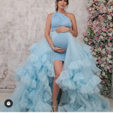 MQTIME  -  One Shoulder Blue Maternity Gowns for Photo Shoot Tiers Women Short Maternity Dresses with Skirt Bathrobe Sleepwear