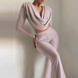 Mqtime Glitter Draping Long Sleeve Top and Pants Two Piece Set  New Arrival Green 2 PIece Set  Women Autumn Sexy Club Party Outfits