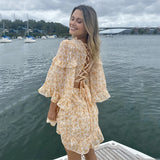 Mqtime V Neck Floral Print Backless  Chiffon Dresses Ruffled Puff Sleeves Party Mini Dress Sweet Princess Dress