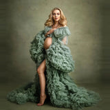 Mqtime Charming Sage Green Maternity Tulle Dress Photo Shoot Women Robes Extra Puffy Ruffled Tulle Maternity Dresses Robe Photography