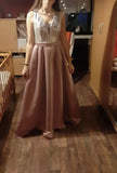 Mqtime V-Neck Sequined Bodice Backless A Line Long Evening Dresses Elegant Vestido De Festa Fast Shipping Satin Prom Gowns