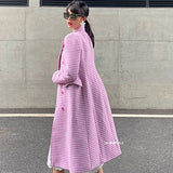 MQTIME  -  Winter  Fashion Designer Overcoat Women's Slim Fitting Double Breasted Pink Houndstooth Tweed Wool Long Coat