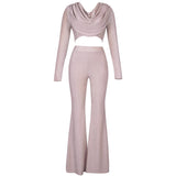 Mqtime Glitter Draping Long Sleeve Top and Pants Two Piece Set  New Arrival Green 2 PIece Set  Women Autumn Sexy Club Party Outfits