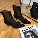 Mqtime Fashion Women Ankle Boots Pointed Toe Short Botas Pointed Toe Bow Design Thin Low Heels Back Zipper Fashion Boots Air Mesh Boots