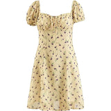 MQTIME  -  French Drawstring Bandage Chiffon Tulip Print Bubble Sleeve Waist Down Dress